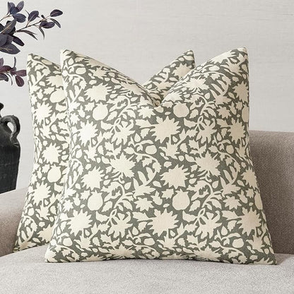 Foindtower Set of 2 Decorative Neutral Floral Throw Pillow Covers Accent Farmhouse Cushion Covers Boho Vintage Pillowcase for Couch Sofa Bedroom Living Room Home Decor,20×20 Inch,Sage Green