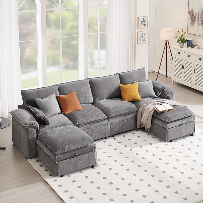 130" U Shaped Modular Sectional Sofa, Couch with Ottoman Storage, Chenille Cloud Couch with Plush Deep Seating for Living Room, Bedroom (6 Seat, Light Grey)