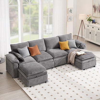 130" U Shaped Modular Sectional Sofa, Couch with Ottoman Storage, Chenille Cloud Couch with Plush Deep Seating for Living Room, Bedroom (6 Seat, Light Grey)