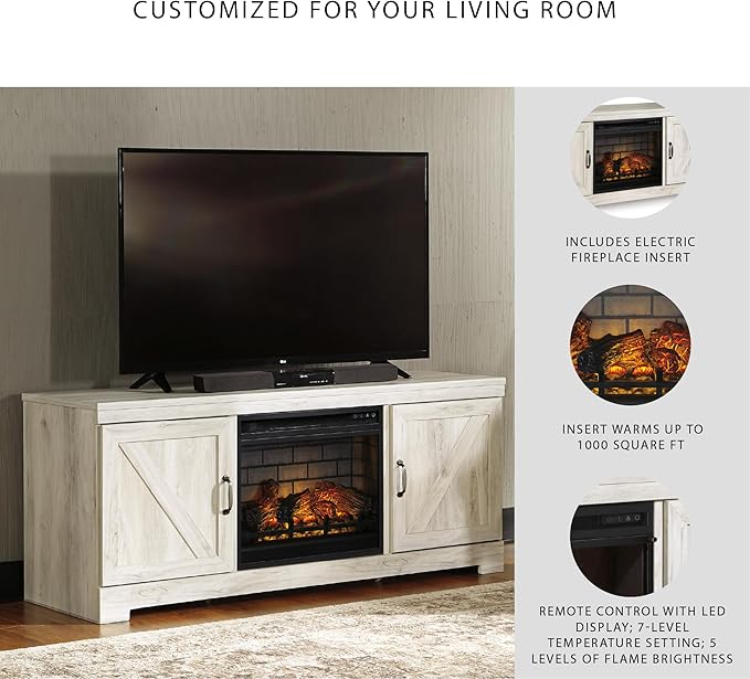 Signature Design by Ashley Bellaby Farmhouse 63" TV Stand with Electric Fireplace for TVs up to 72", Whitewash