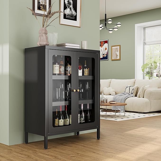 Small Display Cabinet with Glass Doors, 12" Shallow Metal Storage Cabinets Short Bookcase Cabinet with Two Door Two Shelves Metal Glass cabinets for Home Office Living Room