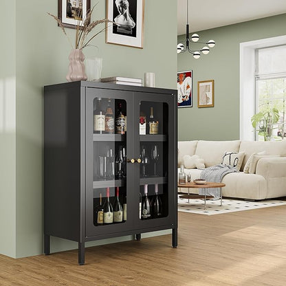 Small Display Cabinet with Glass Doors, 12" Shallow Metal Storage Cabinets Short Bookcase Cabinet with Two Door Two Shelves Metal Glass cabinets for Home Office Living Room