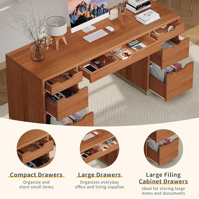 54 Inch Executive Desk with Drawers, Computer Desk with 7 Drawers for Bedroom, Office Desk with File Cabinet for Work Study Writing, Small Spaces, Brown