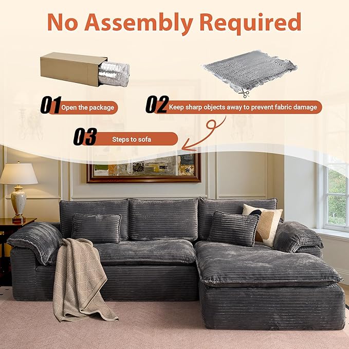113 in Oversized Cloud Sofa with L Shape Chaise, Sectional Couches for Living Room, Assembly Free Modular Comfy Corduroy Sofa with Right Facing Chaise Longue for Home Apartment (Right Chaise, Gray)
