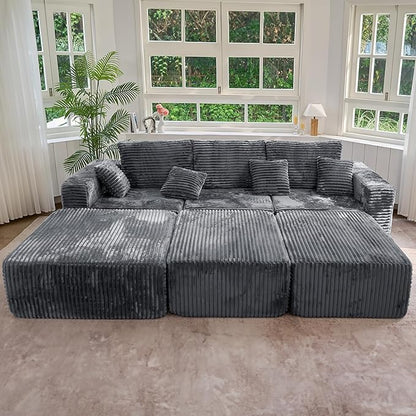 113" Modular Sectional Sofa Bed, Convertible Cloud Couches for Living Room with Ottoman, 6 Seater Corduroy Boneless Couch Sleeper Sofa Set, No Assembly Required, Grey 1 PCS