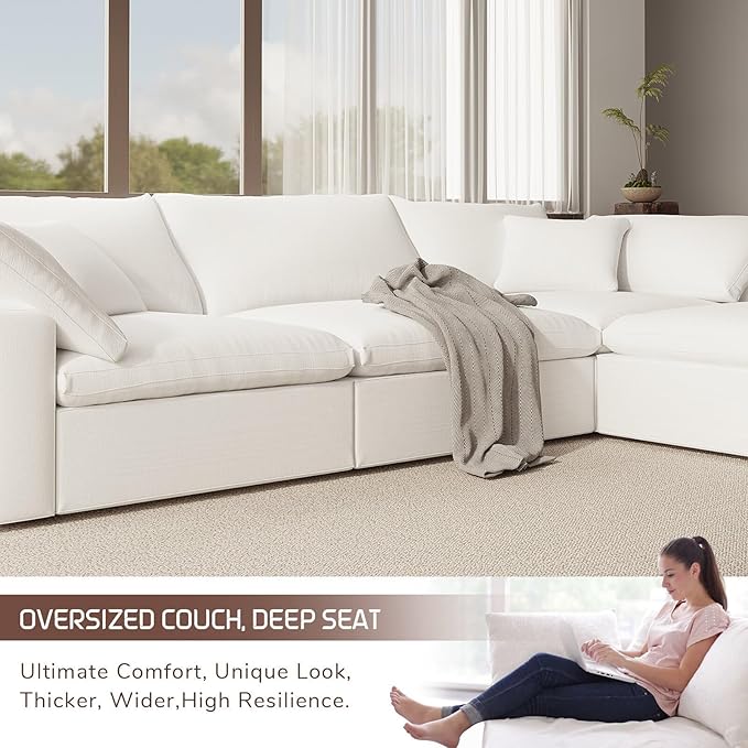 Cloud Modular Sectional Sofa,143" Down Filled Sofa 4 Seat with Chaise,Minimalist Sofa Cover Washable and Replaceable Couches for Living Room,Sectional Sofa Deep Seat White