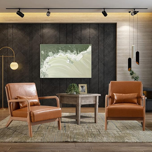 INZOY Mid-Century Modern Accent Chair Set of 2, PU Leather Reading Armchair with Waist Cushion, Upholstered Living Room Chairs for Bedroom Sunroom, Camel Set