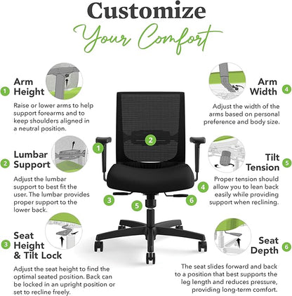 HON Convergence Ergonomic Office Chair, Breathable Back Support Mesh, Adjustable Arms, Computer Seating with Lumbar Support, Swivel Wheels, Synchro-Tilt Recline, Vinyl, Black