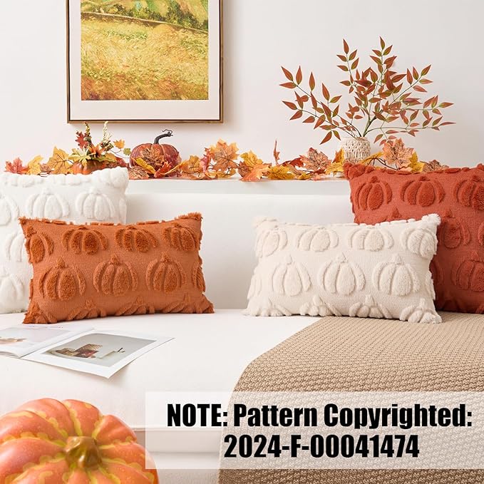 Kevin Textile Fall Pillow Covers 18x18 Inch Set of 2 Soft Pumpkins Decorative Square Pillowcases Plush Autumn Faux Fur Cushions Harvest Gift for Couch Sofa Chair Bedroom Home Decor, Cream White