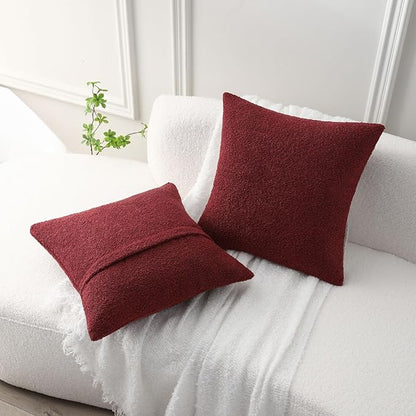 FUTEI Pack of 2 Burgundy Decorative Throw Pillow Covers 22x22 Inch Soft Cozy Solid Boucle Textured Cushion Case,Modern Home Decor for Couch Bed Living Room