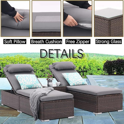 3 PCS Patio Chaise Lounge Outdoor Lounge Chair Patio Reclining Chair with Coffee Table Cushion&Pillow 5 Angle Adjustment Brown Rattan for Courtyards Poolside Garden