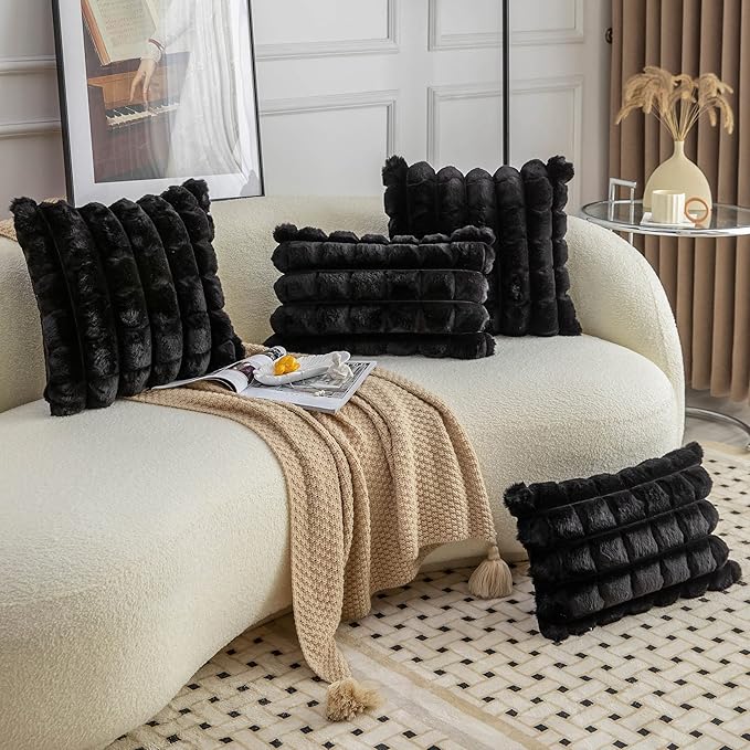 Neelvin Black Faux Fur Cozy Soft Plaid Decorative Throw Pillow Covers 22x22 inch Set of 2,Velvet Pillowcase Cushion Case for Sofa Couch