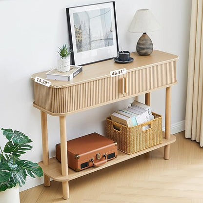RARZOE Console Table with Storage, Fluted Entryway Table with Sliding Door&Open Shelf, Sofa Table Behind Couch, Mid-Century Modern Accent Table for Hallway, Entrance, Foyer, Fully Assembled(Natural)