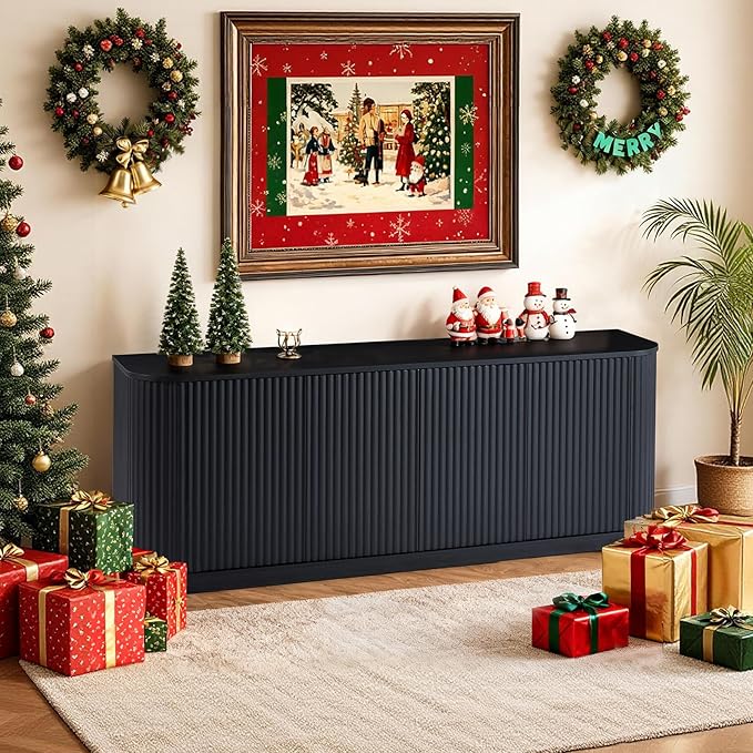 LKTART 64" Sideboard Buffet Cabinet with Storage, Wooden Fluted Storage Cabinet Sideboard Credenza with Adjustable Shelves Pressed Spring for Kitchen Living Room (Black Gray)
