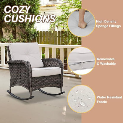 COOS BAY Vintage Courtyard Patio Furniture Set, Wicker Outdoor Furniture, Patio Conversation Sets, 2 Rocking Chairs, Loveseat, Coffee Table and Side Table, 5 Pieces, Gray/Beige
