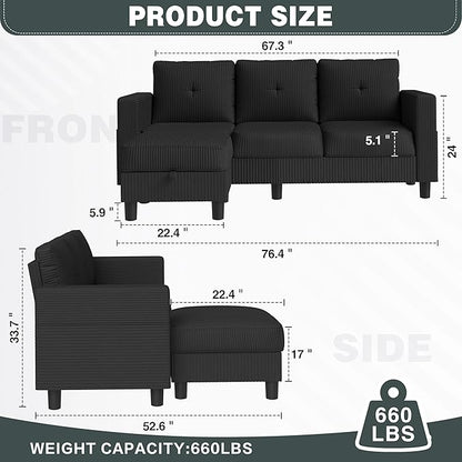 JY QAQA Convertible Sectional Sofa Couch with 3-Seat Sofa, L-Shaped Ottoman Couch with Modern Linen Fabric for Small Living Room, Apartment and Small Space(Black)