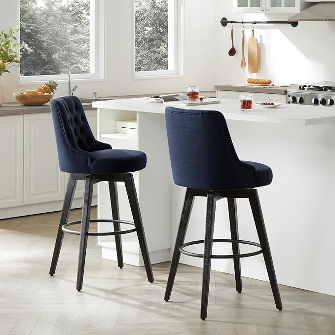 Watson & Whitely Bar Stools, 360° Swivel Upholstered Bar Stool with Back, 30" H Bar Height Barstools, Set of 2, Performance Fabric in Insignia Blue