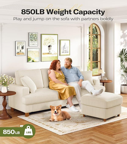 87in Corduroy Couch, Kidirect Sofa No Tool Assembly, Comfy Couches for Living Room 21in Deeper Seats, Corduroy Sofas for Living Room with 2 Pillows, Oversized Loveseat Sofa, Boho Love Seat Beige Couch