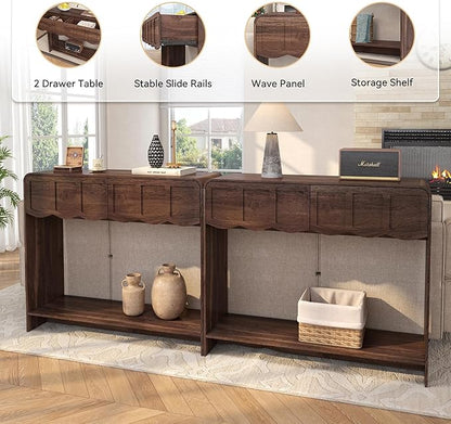 Console Table with 2 Drawers, Mid-Century Modern 42" Entryway Table with Open Storage Shelves, Sofa Table Behind Couch for Living Room, Hallway, Walnut