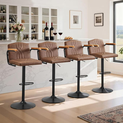 VECELO Bar Stools Set of 2, Adjustable & Swivel Faux Leather Bar Stools with Backs and Footrest, for Kitchen Islands, Dining Counters, Home Bars, Brown