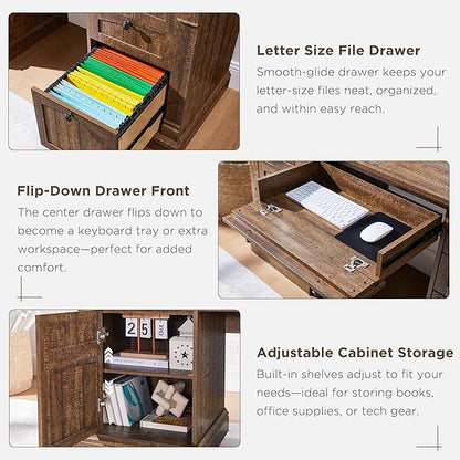 OKD 60" Executive Desk with Drawers, Farmhouse Home Office Desk with Charging Station, Keyboard Tray, File Cabinet Storage, Wood Computer Desk for Work and Study, Reclaimed Barnwood