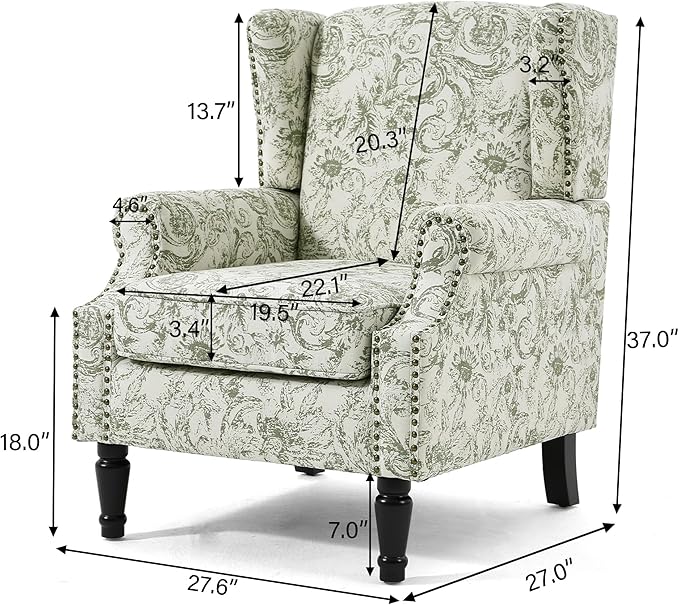 UIXE High Back Accent Chair, Fabric Upholstered Armchair for Living Room, Floral Printed Wingback Arm Chair with Solid Wood Legs, Retro Nailhead Trim Single Sofa Bedroom Reading Seat - Rococo Green