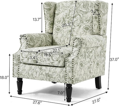 UIXE High Back Accent Chair, Fabric Upholstered Armchair for Living Room, Floral Printed Wingback Arm Chair with Solid Wood Legs, Retro Nailhead Trim Single Sofa Bedroom Reading Seat - Rococo Green