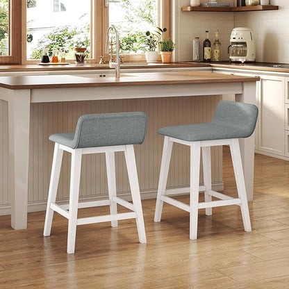 COSTWAY Wooden Counter Stools Set of 4, 24-inch Height Upholstered Padded Seat, Low Backrest, Footrest, Rubber Wood Legs, Armless Barstools for Kitchen Island, Dining Room, White+Gray