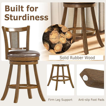COSTWAY Counter Height Barstools Set of 4, 25” Solid Rubber Wood Swivel Counter Chairs with Faux Leather Seat, Curved PE Rattan Back, for Living Room & Kitchen Island, Brown (4, 25” Seat Height)