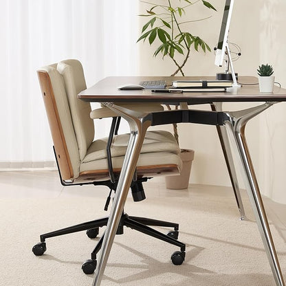 Home Office Desk Chair with Armrests & Wheels, Modern Walnut Swivel Rolling Executive Task Chair, PU Leather Vanity Chair with Lumbar Support, Height Adjustable Ergonomic Computer Chair (Beige)