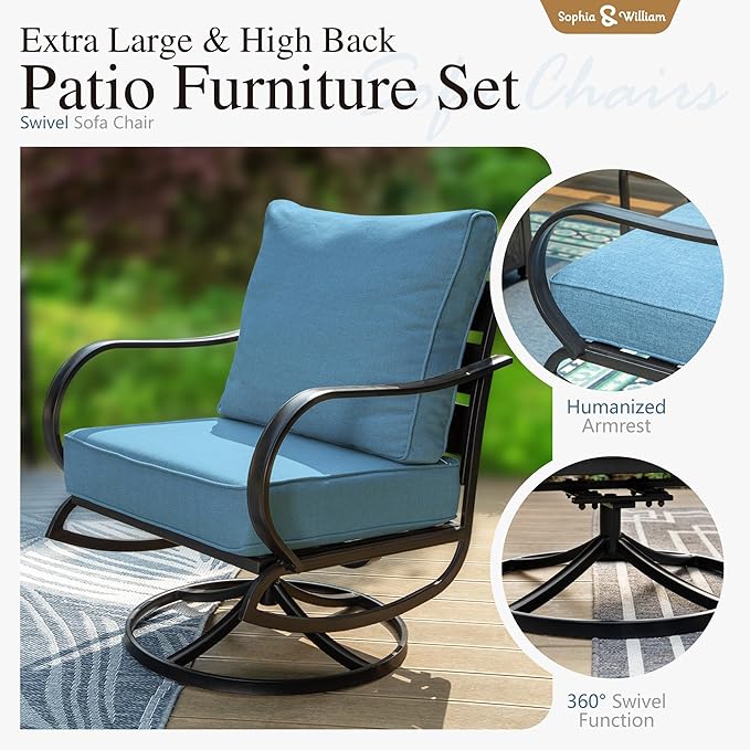 Sophia & William Patio Furniture Sets 5 Seats Outdoor Metal Conversation Sets 4 Pcs with 2 x Cushioned Swivel Sofa Chairs,1 x 3-Seat Sofa, 1x Marbling Metal Coffee Table Lawn Backyard Poolside Navy
