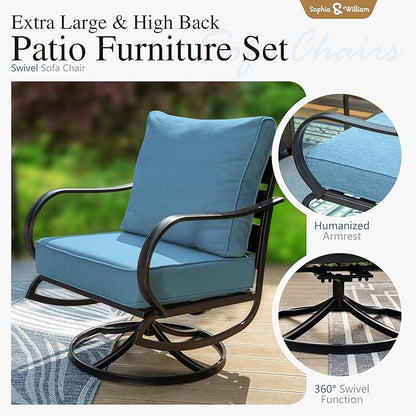 Sophia & William Patio Furniture Sets for 5 Outdoor Metal Conversation Sets 5 Pcs with 2 x Cushioned Swivel Sofa Chairs, 2 x Ottomans as Coffee Table, 1 x 3-Seat Sofa, Lawn Backyard Poolside Navy