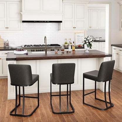 PHI VILLA Dark Grey Bar Stools Set of 3, Faux Leather Counter Height Chairs, Kitchen Stools for Island, 24 Inch Barstools with Back