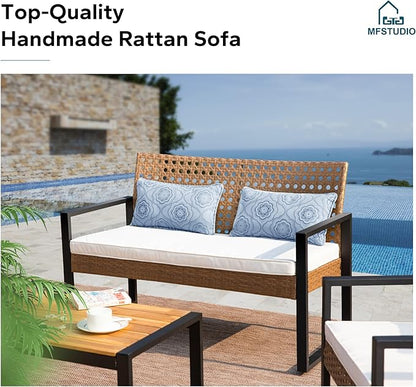 MFSTUDIO 4 Piece Wicker Patio Furniture Set, Small Patio Sofa with Loveseat & Chaise & Acacia Wood Table, Outdoor Sectional Couch with Wood Table, Beige