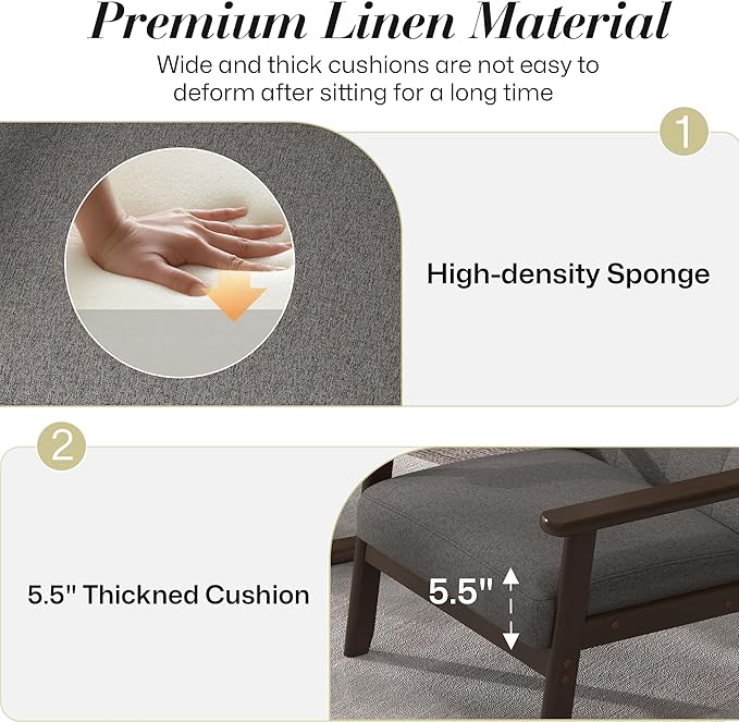 KCC Mid-Century Modern Linen Fabric Accent Chair, Upholstered Leisure Chair Comfy Reading Side Chair with Armrest and Solid Wood Frame for Living Room Bedroom Balcony(Gray)