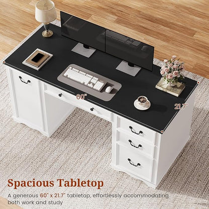 60'' Farmhouse Executive Desk with Drawers, Home Office Desk with Power Outlet & Keyboard Tray, Wood Computer Desk with File Drawer & Slide-Out Storage Shelves, Writing Desk for Work, White