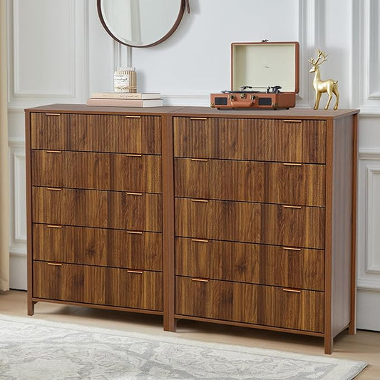 5 Drawer Double Dresser for Bedroom, Modern Wide Chest of Drawers with Fluted Panel Design,Wood Storage Dressers Chest of Drawers for Bedroom Living Room Hallway Closet,Walnut,2 Sets