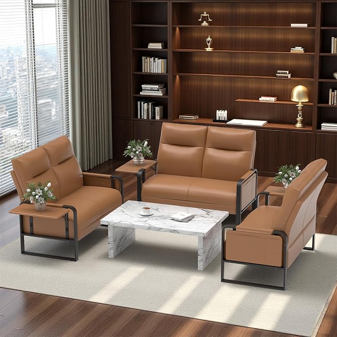 Modern Leather Loveseat, Small Sofa with Side Tray & Pocket, Upholstered Mini Couch for Living Room, Office, Guest Room, Brown