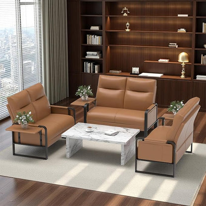 Modern Leather Loveseat, Small Sofa with Side Tray & Pocket, Upholstered Mini Couch for Living Room, Office, Guest Room, Brown