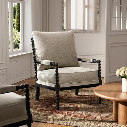 Morden Fort Linen Fabric Spindle Accent Chairs Set of 2, French Style Chairs with High Resilience Spring Cushion and Armrest Pads, Leisure Armchair for Living Room Bedroom Farmhouse Office Balcony