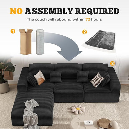 113" Modular Sectional Sofa, Convertible L-Shaped Cloud Couches for Living Room with Ottoman, 4 Seater Corduroy Boneless Couch Sofas Set, No Assembly Required, Black 1 PCS