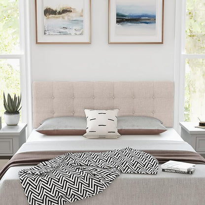KOMFOTT Linen Upholstered Headboard for Full & Queen Size Bed Frame, Tufted Button Bed Headboard with Solid Rubber Wood Legs, Rectangular Headboard with Adjustable Width, Beige
