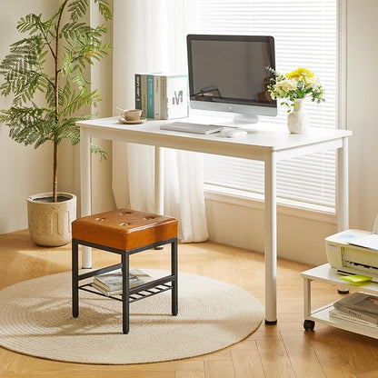IBUYKE Square Makeup Stool with Adjustable Feet and Storage Space, Footrest Chair, PU Vanity Seat, Multi-Use as Small Side Table or Ottoman, for Bedroom, Light Brown LG-60J