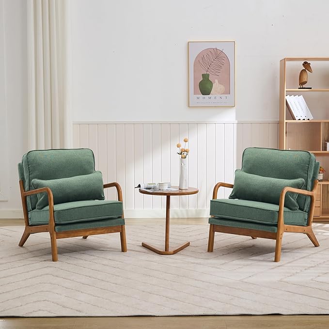Mid-Century Accent Chair Set of 2,Linen Fabric Lounge Chair with Wide Armrest,Linen Fabric Armchair withLumbar Pillow & Solid Wood Frame for Living Room, Bedroom, Balcony(Green)