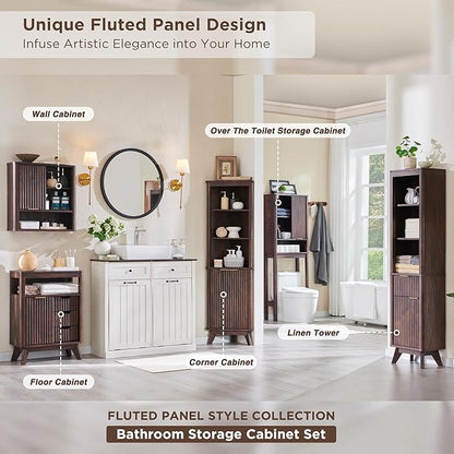RedLemon 68" Tall Corner Cabinet, Modern Fluted Storage Cabinet with Adjustable Shelves, Curved Profile Design, Space Saver for Bathroom, Living Room, Kitchen, Walnut