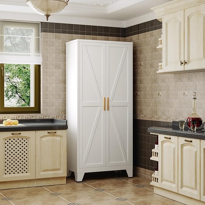 Large Metal Kitchen Pantry Storage Cabinet with Adjustable Shelves - Freestanding Kitchen Storage Cabinet for Dining Room,Livingroom Bathroom, Hallway, Workshop, Office (White, 71"- 0 drawer)