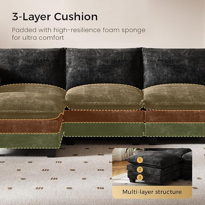 KKL 120" Huge Modular Sectional Sofa Bed, 8 Seater Convertible J/L/U-Shaped Sleeper Cloud Couch with Ottoman, Chenille Sectional Couches for Living Room, Apartment, Black