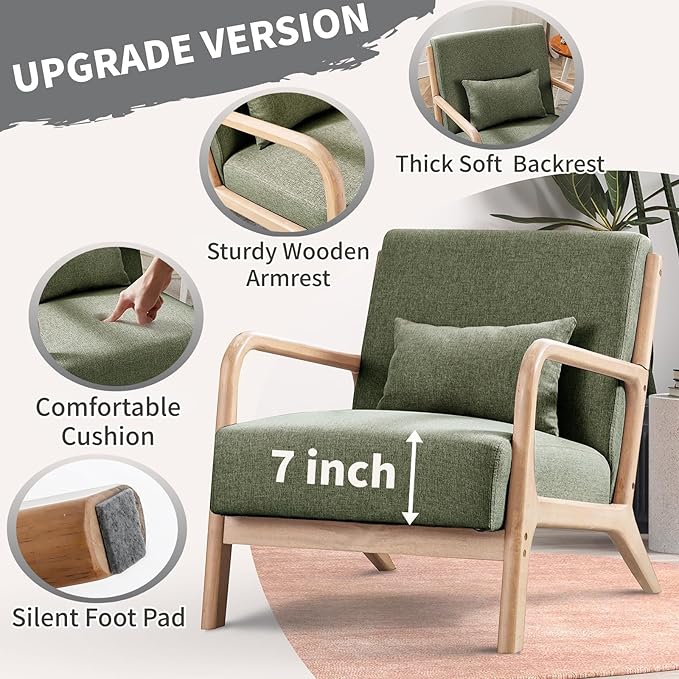 ANJ ANJHOME Mid Century Modern Accent Chairs Set of 2, Comfy Fabric Reading Chair with Solid Wood Frame, Easy Assembly Armchair for Living Room Blackish Green 2