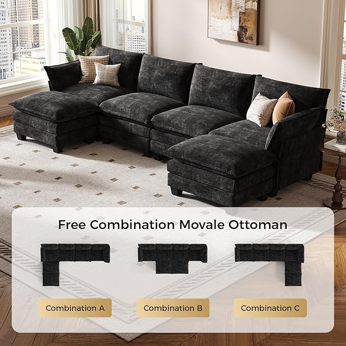 KKL 120" Modular Sectional Sofa, U-Shaped 6 Seater Convertible L-Shaped Cloud Couch with Ottoman, Chenille Modern Sectional Couches for Living Room, Apartment, Black
