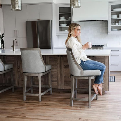 Maven Lane Vienna Counter Stools 26 Inches – Set of 2 – Swivel Stools with Footrests – Grey Solid Wood and Grey Fabric Upholstery – Ideal for Kitchen Islands and Counters